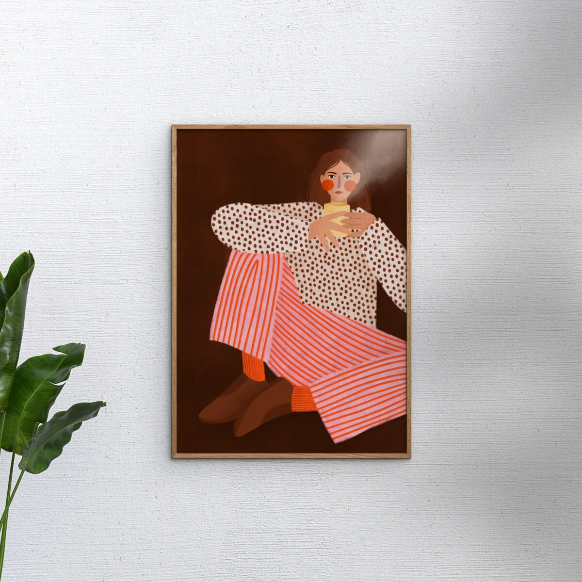 POSTER mit Rahmen Bea Muller - Woman With the Cup of Tea - Eichefarben/Multicolor, Holz/Papier (50/70cm) - Poster&Frame