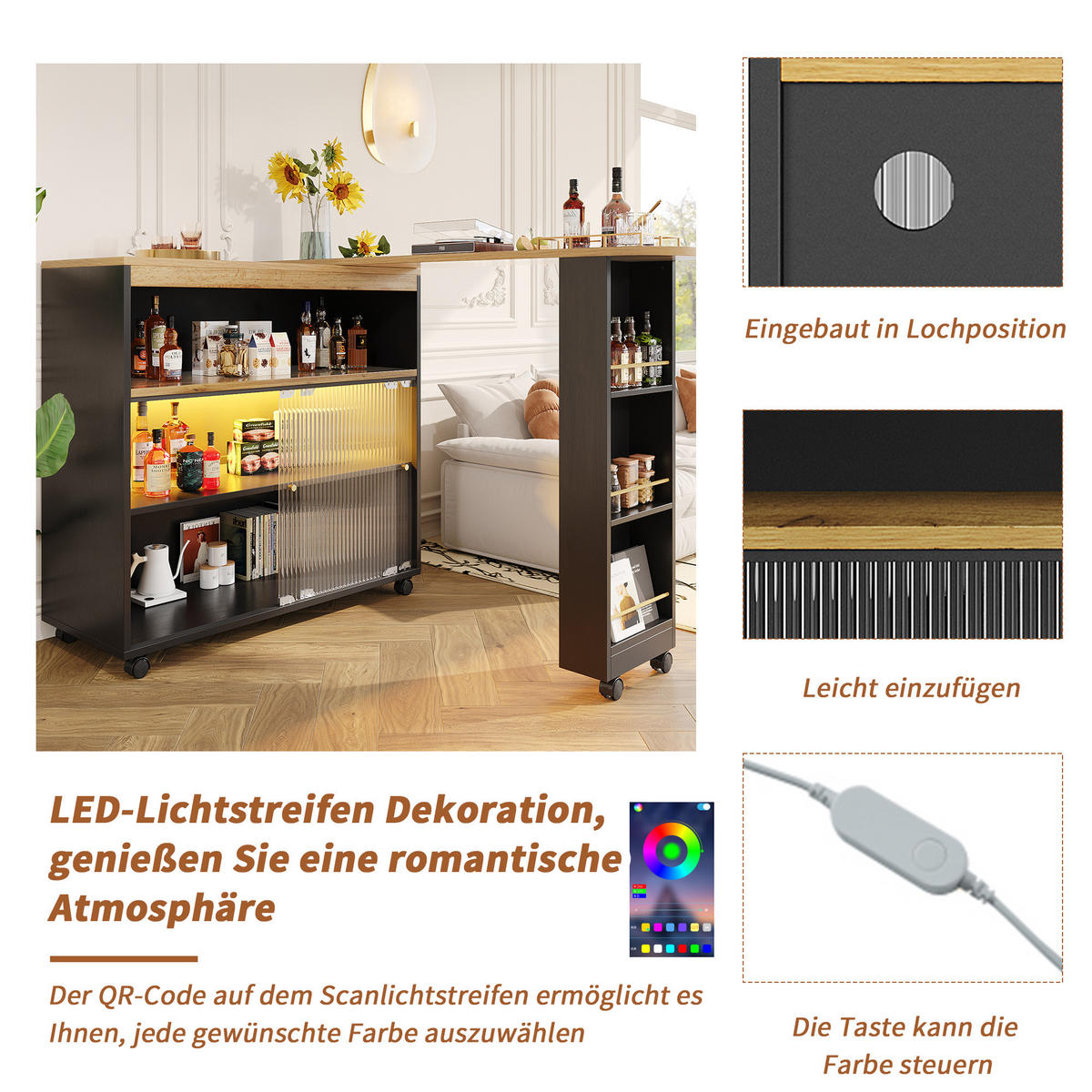 BAROVÝ STŮL rozkládací s LED a kolečky - černá, kompozitní dřevo (39/138/105cm) - Urban Meuble