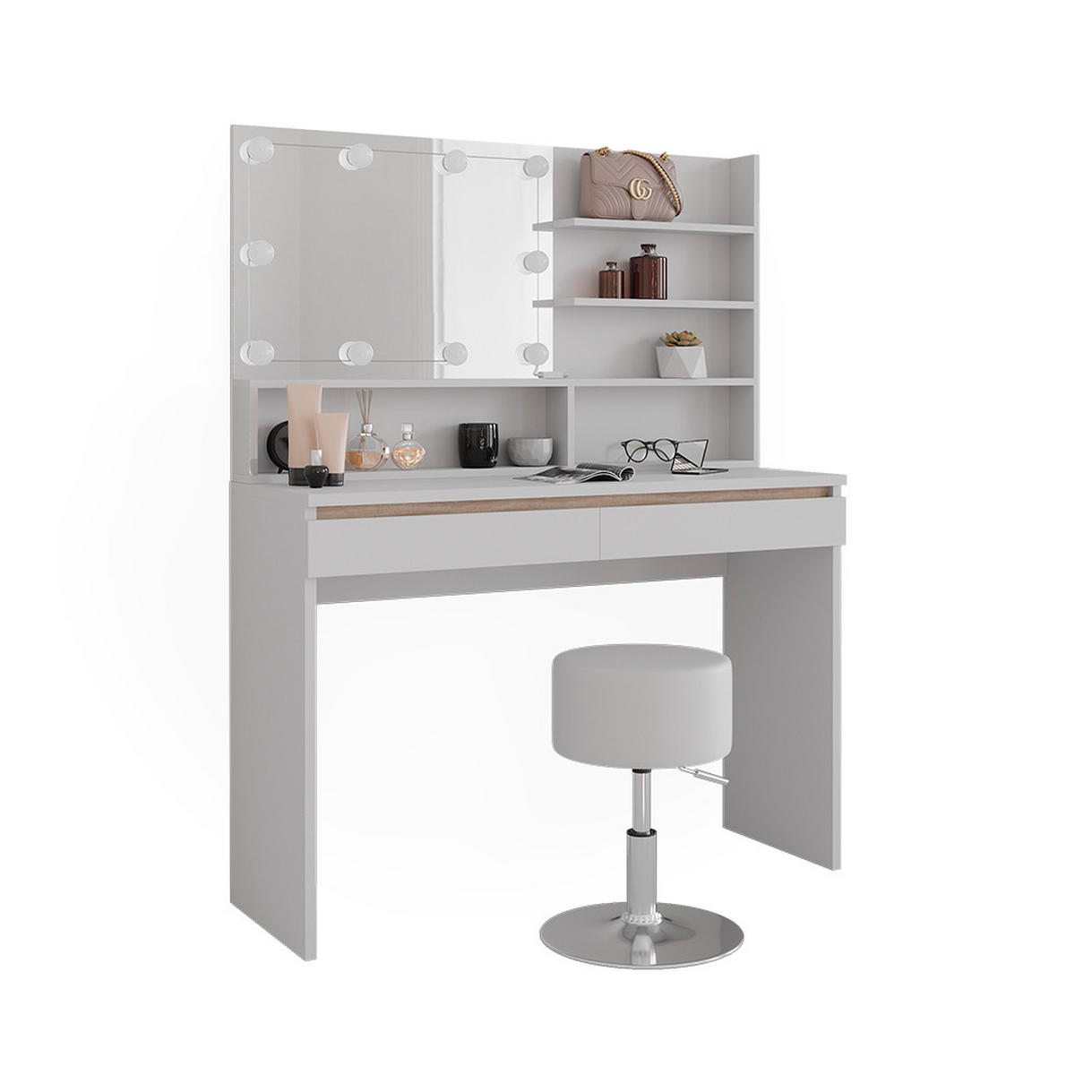 SCHMINKTISCH Emma Weiß 120 cm mit Spiegelregal, Hocker & LED-Beleuchtung - Weiß, Holzwerkstoff (120/83/41.8cm) - Vicco