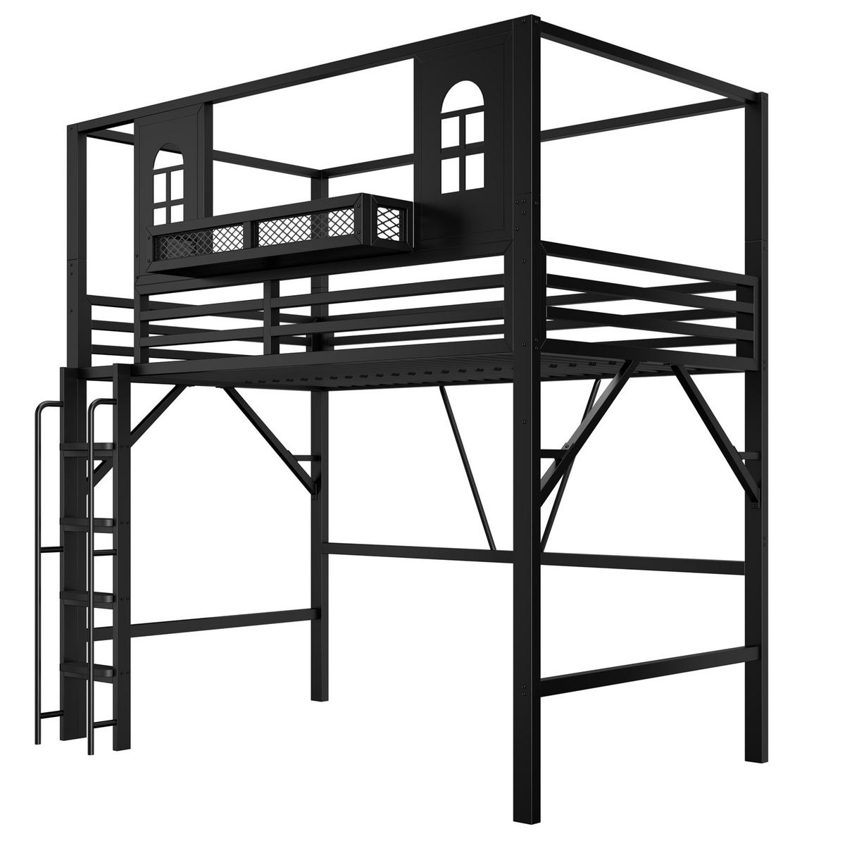 HOCHBETT aus Metall und MDF 90x200 cm Schwarz mit Dachdesign, Leiter und Ablagefach - Schwarz, Metall (90/200cm) - Modfu