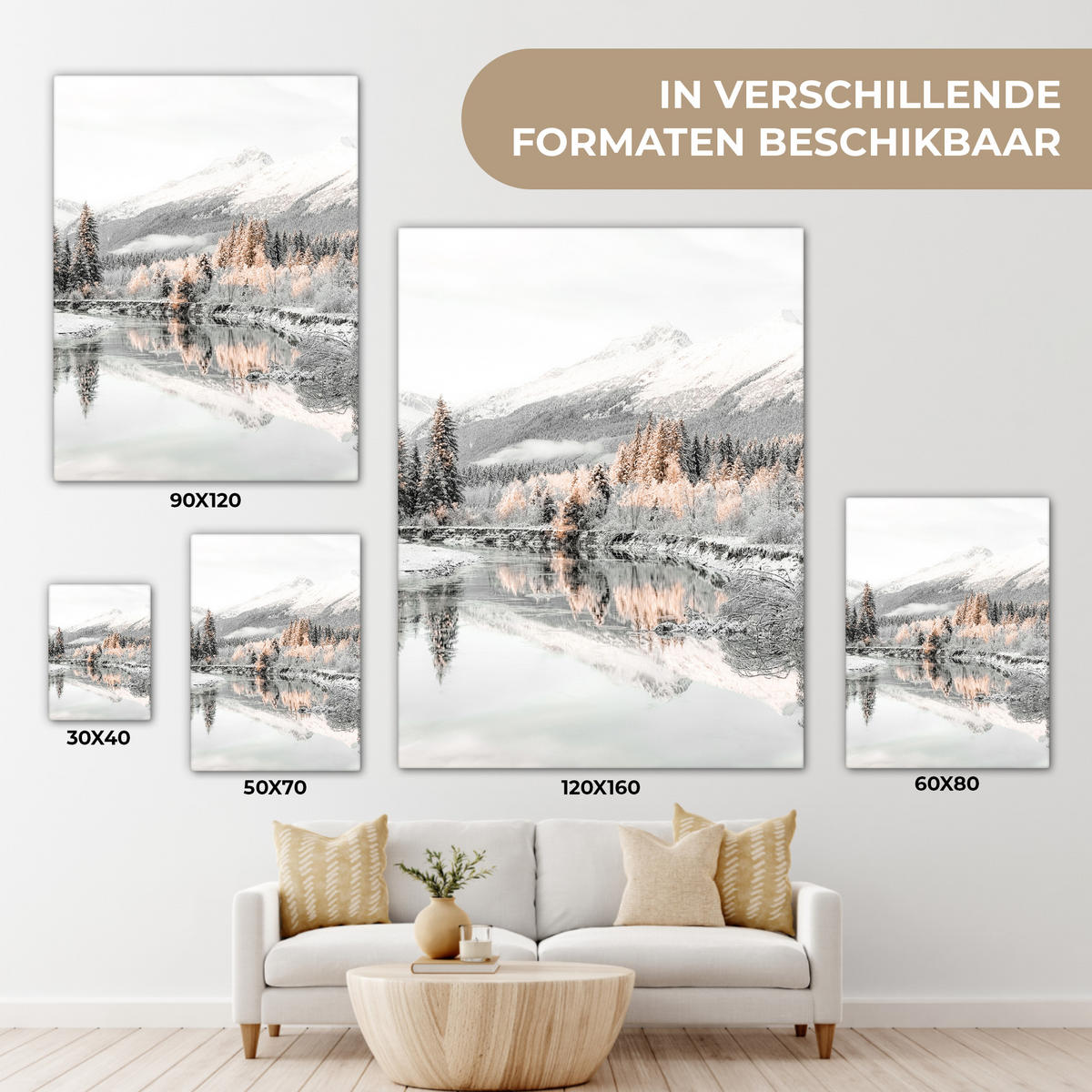 LEINWANDBILD Natur - Winter - Bäume - Berge - Schnee Wandbild Wohnzimmer 60x80 cm - Weiß Hochglanz, Textil (60/80cm) - MuchoWow