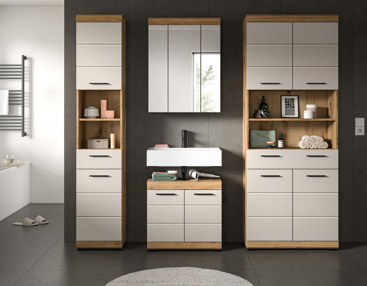 BADMÖBEL Set 4-teilig in Sand Kashmir und Evoke Eiche Badkombination 200 x 191 cm Shawn - Kaschmir/Eichefarben, Glas/Holzwerkstoff (201/191/34cm) - Inn.Furn