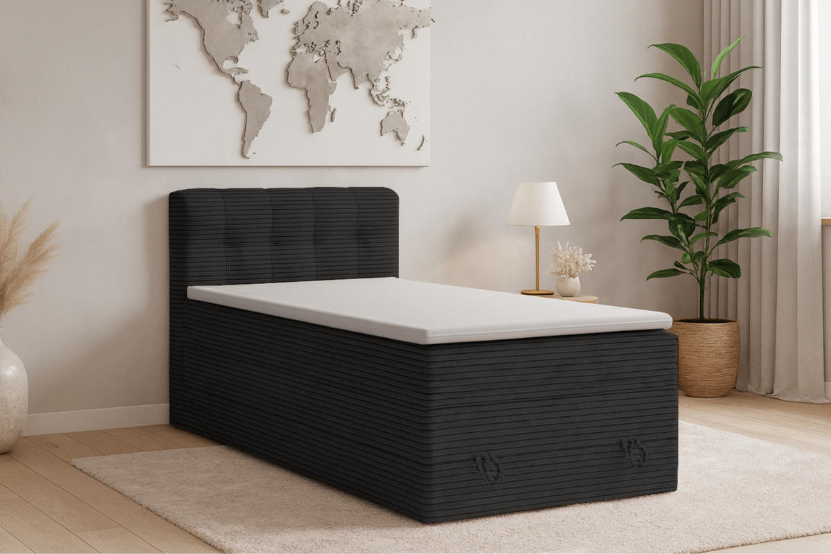 BOXSPRINGBETT JUNG 2 100/200 Cord Schwarz mit Matratzen H3 + H4 - Schwarz, Holz/Holzwerkstoff (100/200cm) - Deine Möbel 24