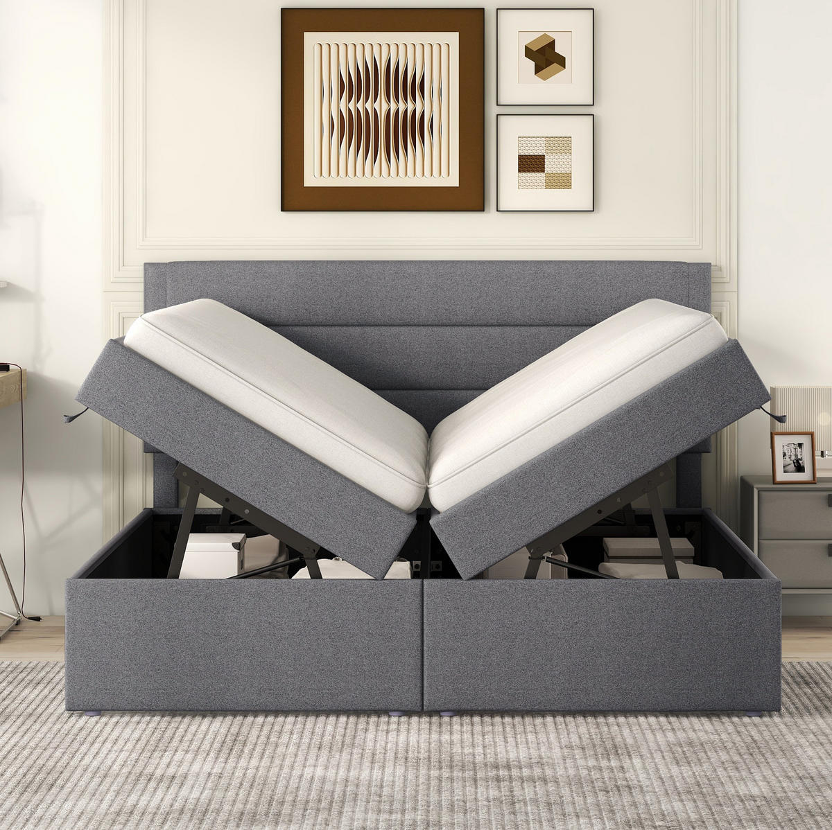 BETT mit Bettkasten 140x200 cm Leinen Gray 3-tlg. - Grau, Holz (140/200cm) - Meubliv