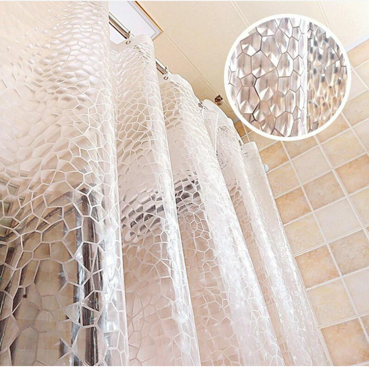 DUSCHVORHANG PEVA 3D transparent schimmelresistent antibakteriell wasserdicht waschbar mit Ringen - Transparent, Kunststoff (180/180cm) - MCBOSON