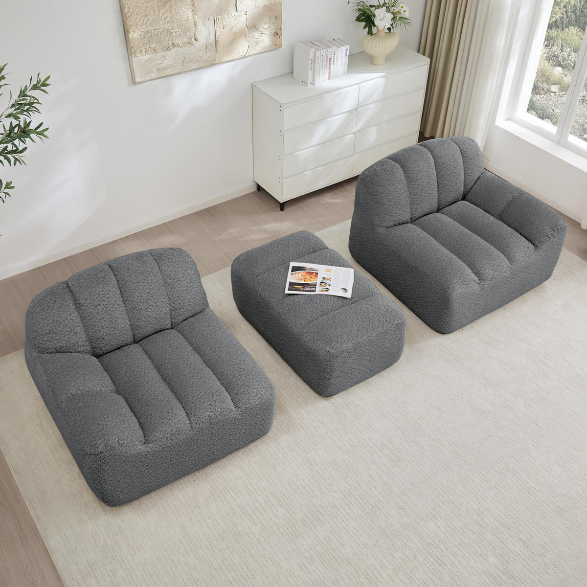 SOFA 210/165/79 cm in Grau mit Ottoman und weichem Fleecebezug - Grau, Textil (165/79/210cm) - Flora Grace