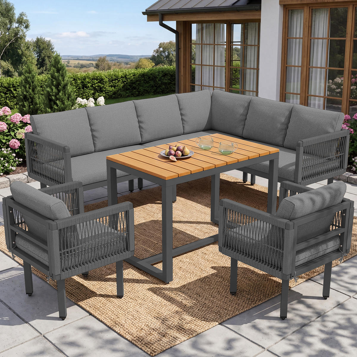 GARTENMÖBEL-SET 6-teiliges, Ecksofa mit 2 Sesseln & Tisch, wetterfestes Stahlgestell, Grey - Grau, Textil - Kaket
