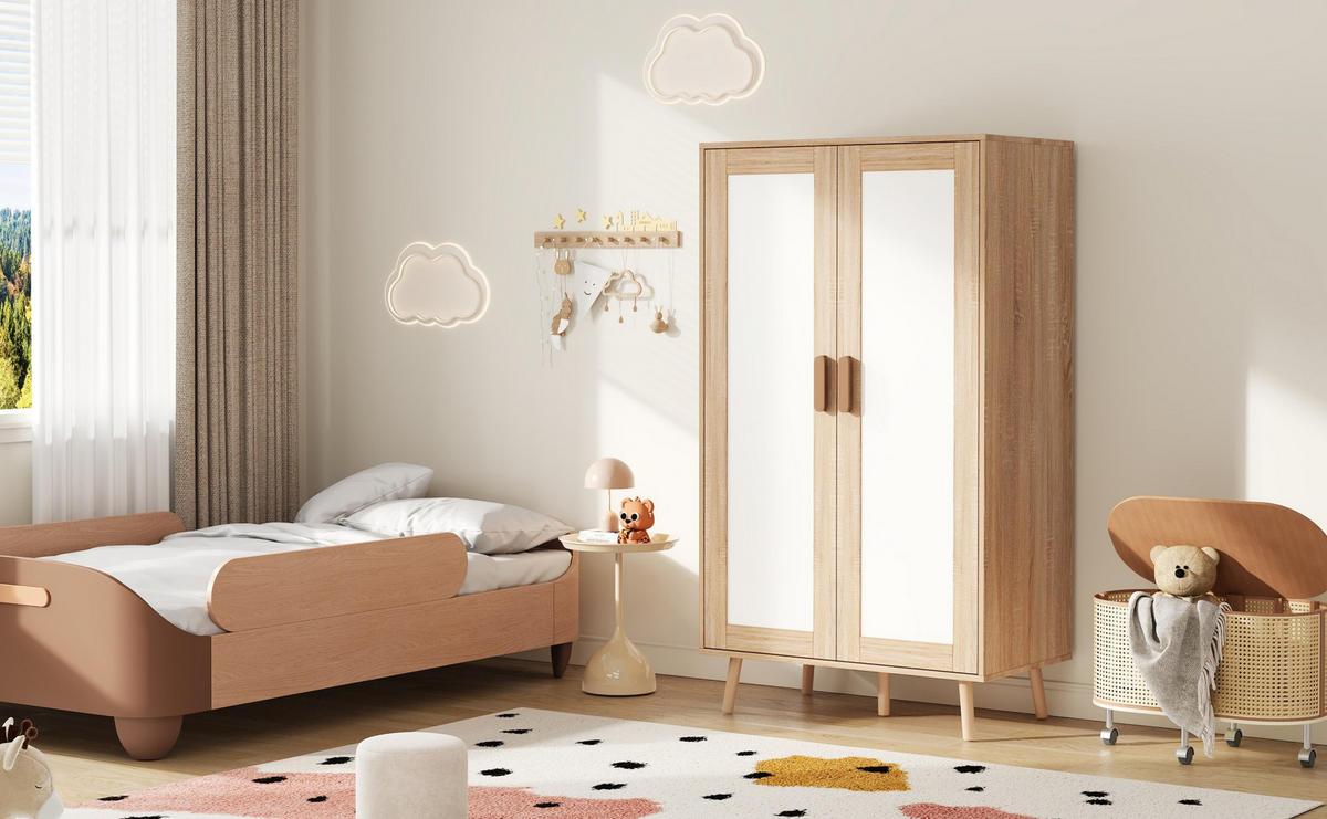 KLEIDERSCHRANK-SET 160/46/141,5 cm weiß/natur aus MDF mit Kleiderstange und 2 Schubladen - Naturfarben, Holzwerkstoff (160/141.5/46cm) - OKWISH