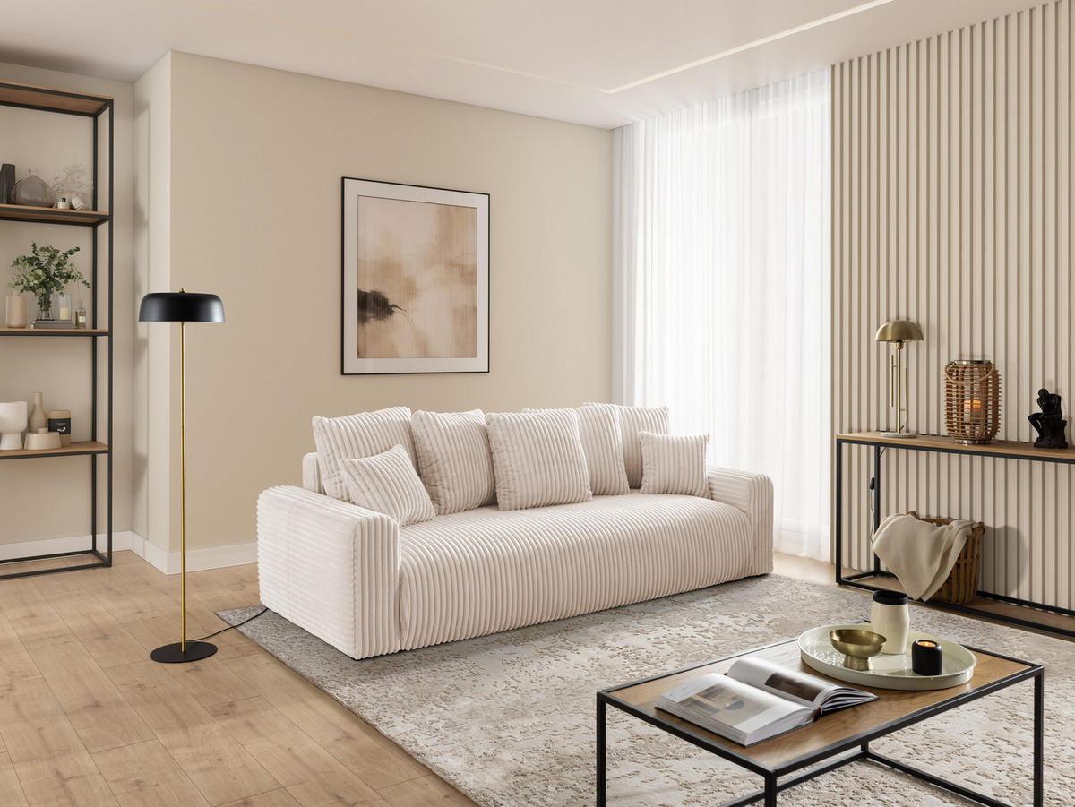 SCHLAFSOFA Calma mit Bettkasten im Bumpy-Design aus weichem Hellbeige Plüschcord - Beige/Schwarz, Holz/Kunststoff (239/88/98cm) - S-Style