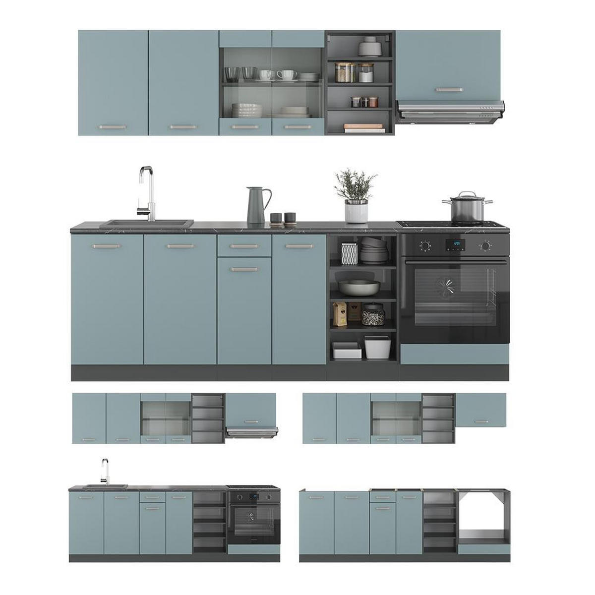 KITCHENETTE R-Line Albastru-gri/antracit 240 cm , AP Antracit - gri albastru/antracit, compozit lemnos (240/206.8/60cm) - Vicco