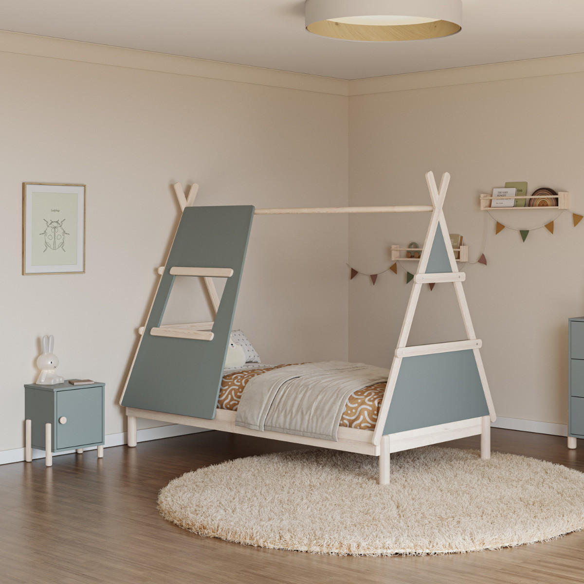 TIPIBETT 90x200 cm mit integriertem Fenster 104.6/219,4/159,3 cm - Grün, Holzwerkstoff (90/200cm) - Calicosy