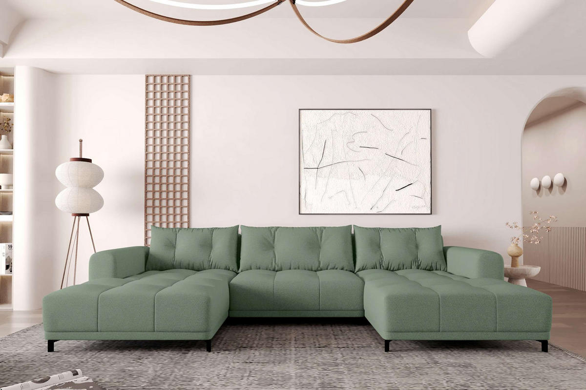 WOHNLANDSCHAFT Strukturstoff Salbeigrün inkl. Schlaffunktion - Salbeigrün/Schwarz, Textil/Metall (348/94/181cm) - 99rooms