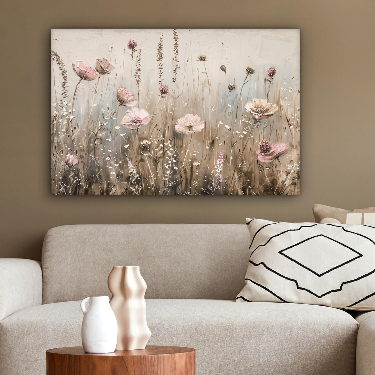 LEINWANDBILD Blumen - Rosa - Modern - Beige 90x60 cm - Beige, Textil (90/60cm) - MuchoWow