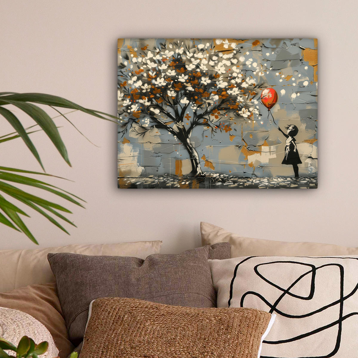 LEINWANDBILD Baum - Graffiti - Banksy-Stil - Ballon-Mädchen Wandbild 40x30 cm - Blaugrau, Textil (40/30cm) - MuchoWow
