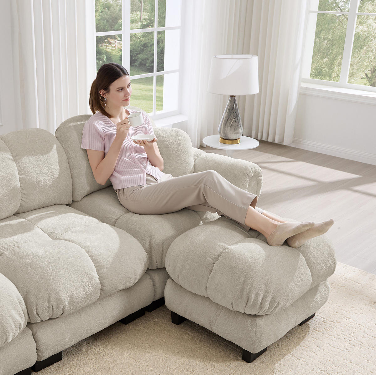 SOFA U-Form 3-Sitzer mit Steppnaht Chenille Light Khaki - Hellbraun, Holz (149/90/260.1cm) - Meubliv