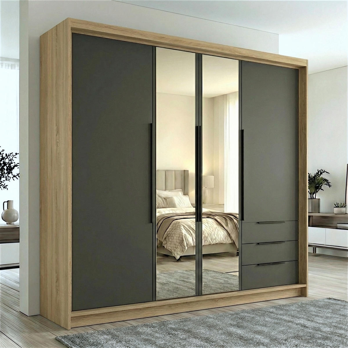 DREHTÜRENSCHRANK VIVO 200 cm Farbe: Sonoma | Graphit | Graphit - Graphitfarben/Braun, Holzwerkstoff/Metall (200/215/59.5cm) - A&J MöbelLand