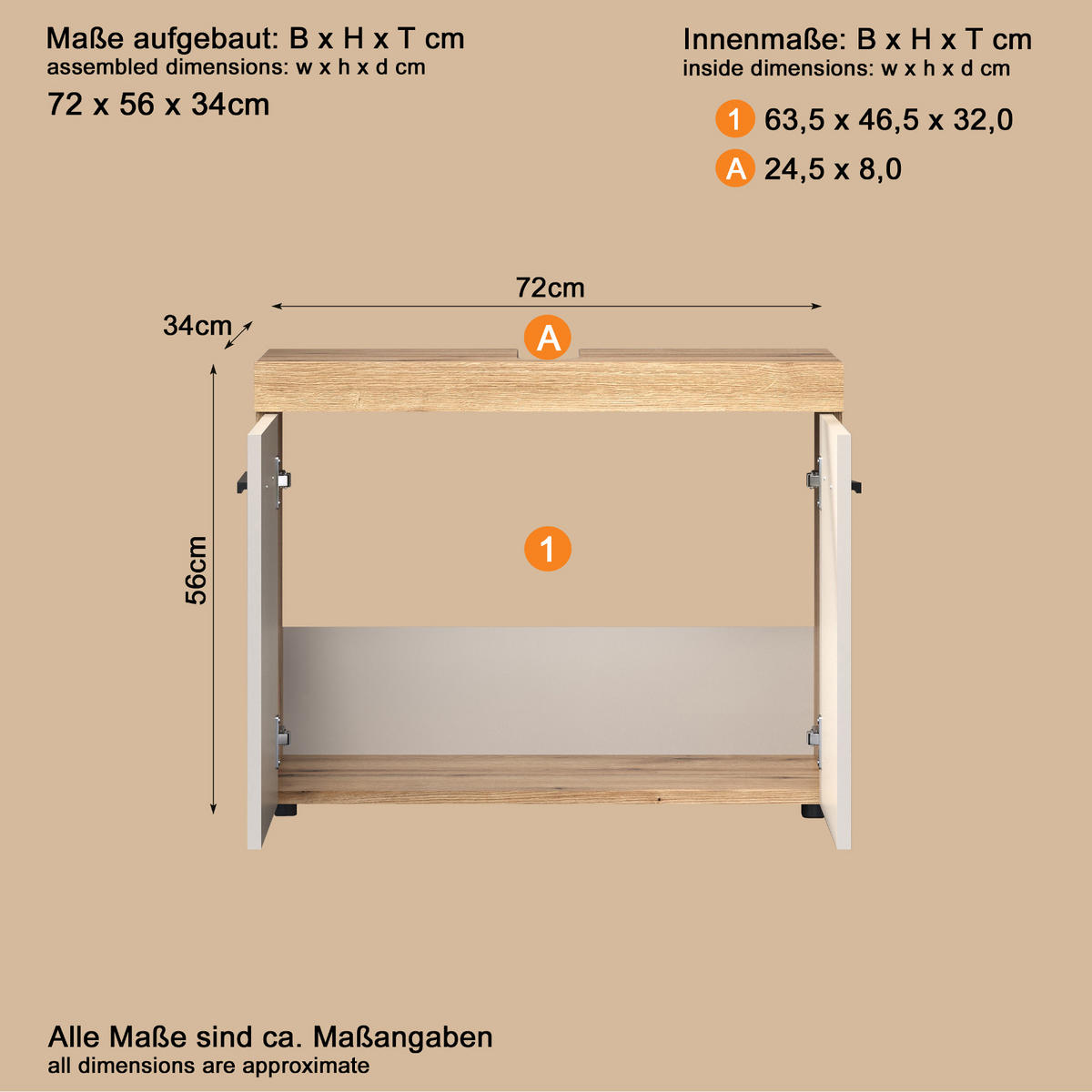 BADMÖBEL-SET Kaschmir, Evoke Eiche 2-teilig 72 x 184 cm, Badkombination in modernem Design - Kaschmir/Eichefarben, Glas/Holzwerkstoff (72/184/34cm) - Top.Furn