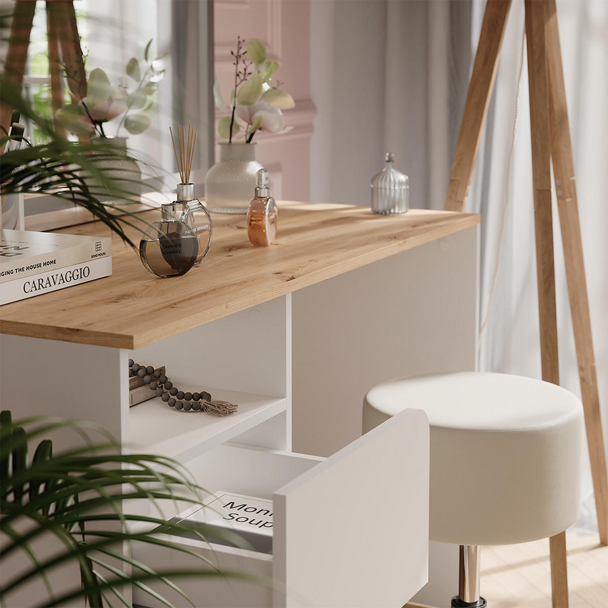 SCHMINKTISCH Karen Weiß/Artisan 110 cm mit Hocker und LED-Spiegel - Weiß/Eiche Artisan, Holzwerkstoff (110/75/55cm) - Vicco