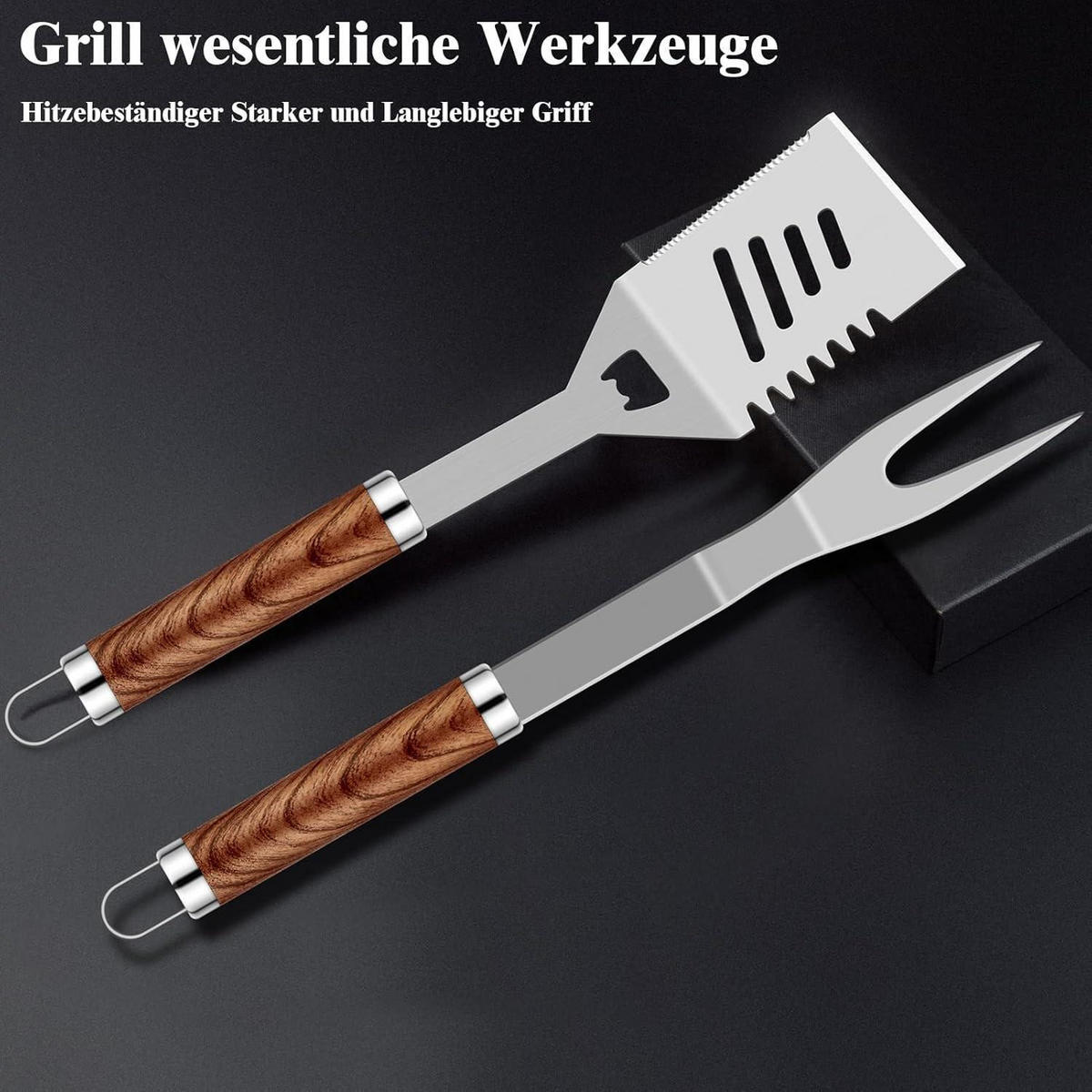 GRILLBESTECK Set 38-teilig Edelstahl mit Koffer und Grillmatte - Braun, Metall (39cm)