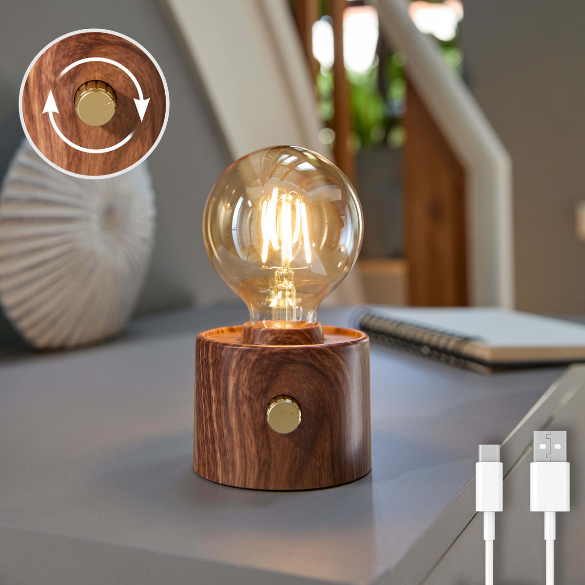 LED-TISCHLAMPE Vintage Edison dimmbar 10x9x16cm Walnuss - Braun, Kunststoff (10/8.7/16cm) - Northpoint