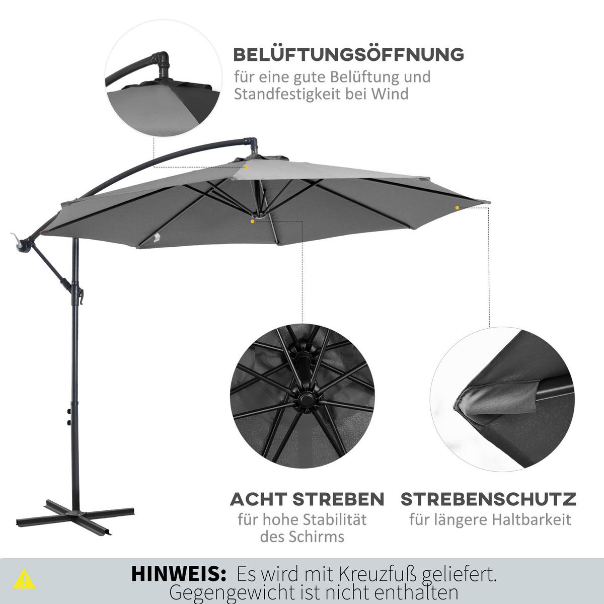 SONNENSCHIRM, Stahl, Polyester, Grau - Grau, Metall (2.95/2.95cm) - Outsunny