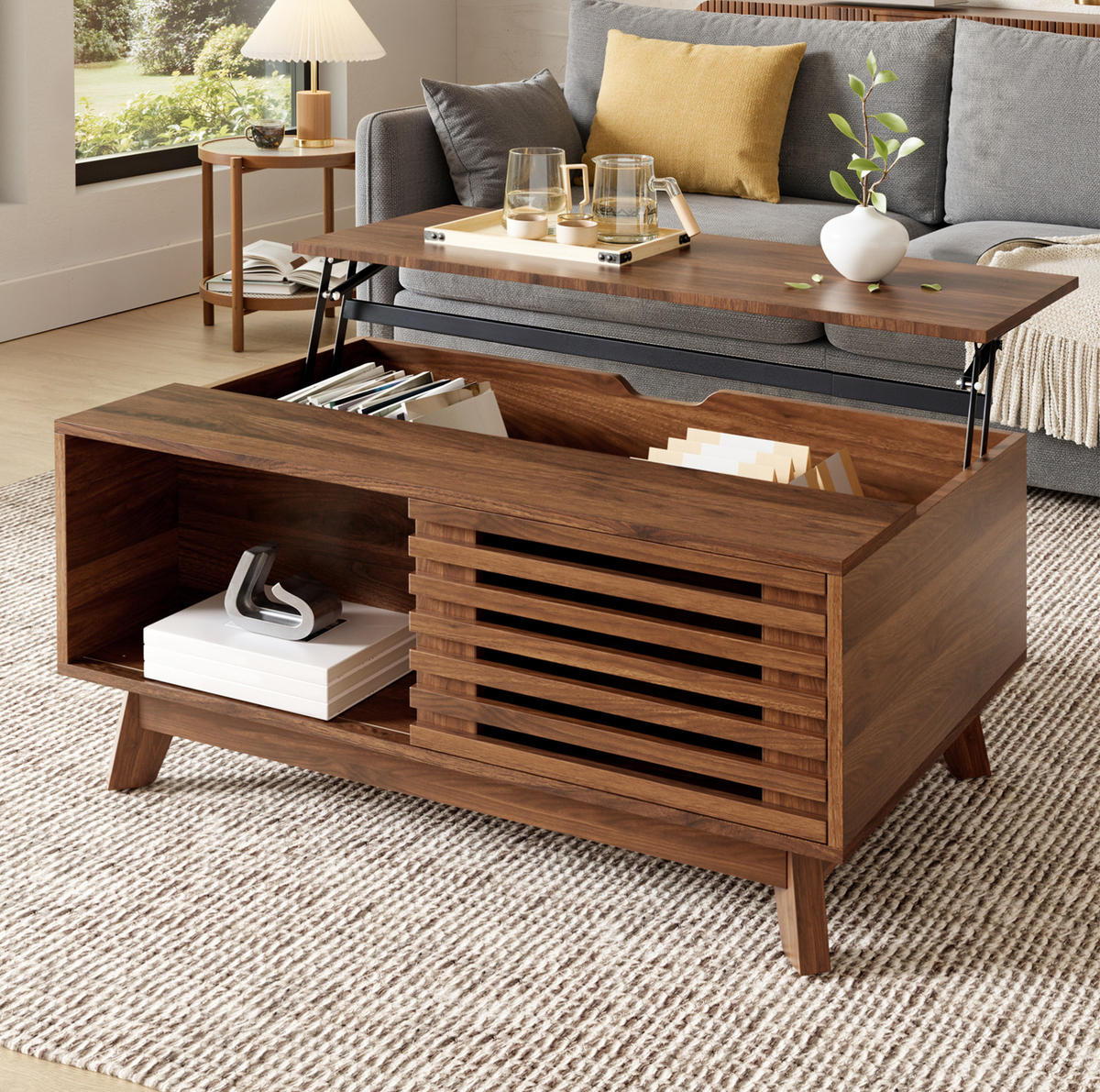 COUCHTISCH aus MDF 90x55x57,5 cm in Walnuss-Optik mit höhenverstellbarer Tischplatte und Stauraum - Nussbaumfarben, Holzwerkstoff (90/55/57.5cm) - IVMEU