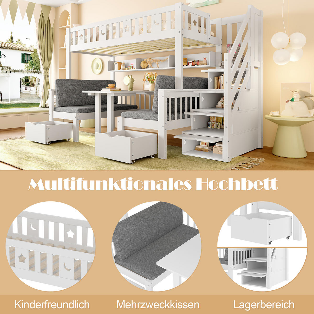 HOCHBETT 2-in-1 mit Klapptisch, Stauraumleiter, weiß, 90/200 cm - Weiß, Holz (90/200cm) - MIVRAY