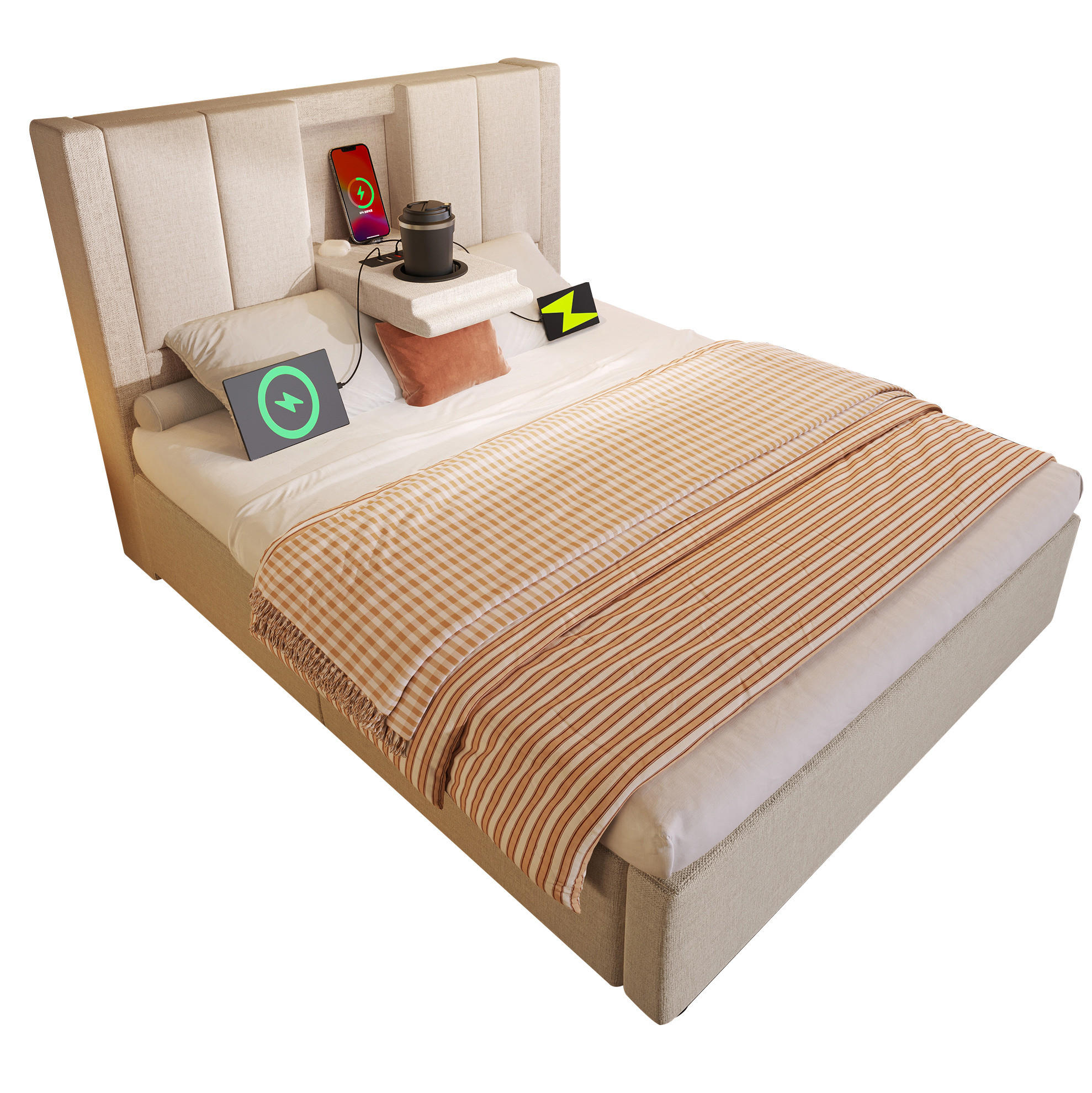POLSTERBETT 90/200 cm aus Leinen mit Ladestation Becherhalter und Bettkasten Beige - Beige, Textil (90/200cm) - Modenvie