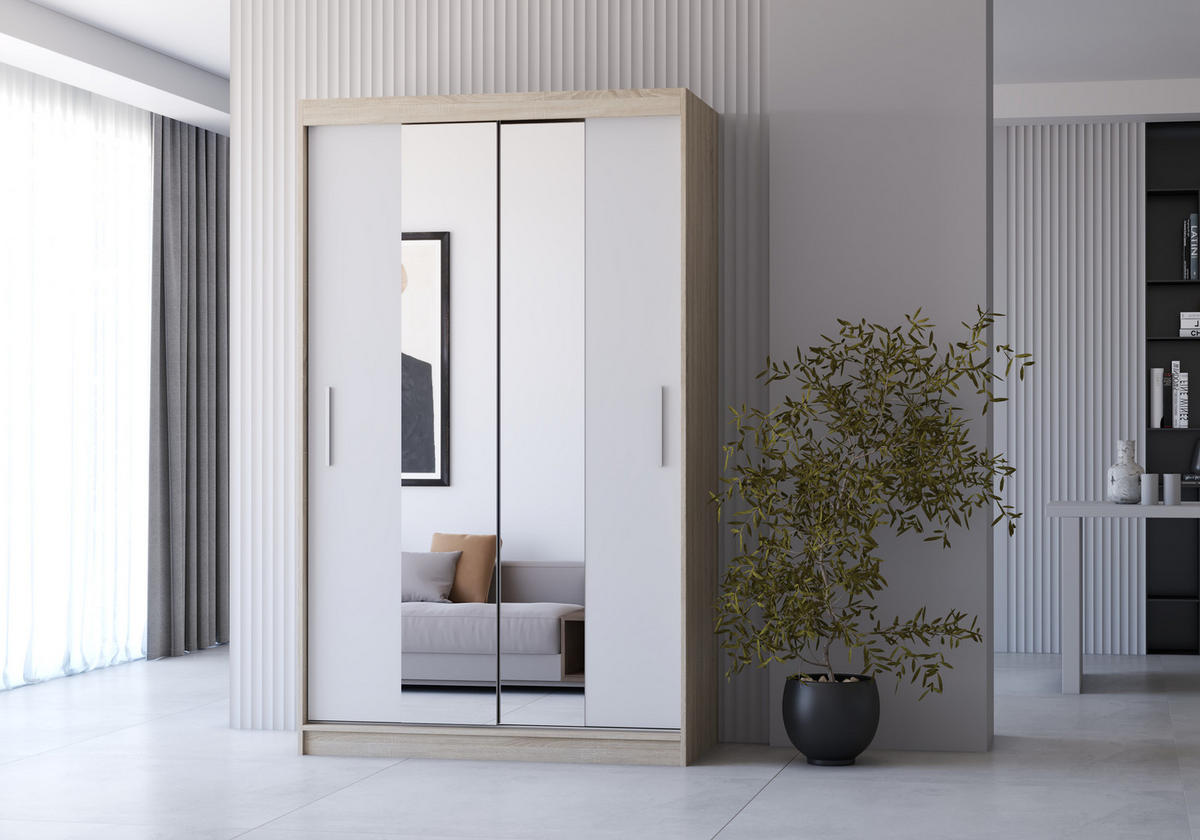 SCHIEBETÜRENSCHRANK - NOAH 01 Somona + Weiß - Weiß/Sonoma Eiche, Holzwerkstoff/Metall (120/200/61cm) - Möblo