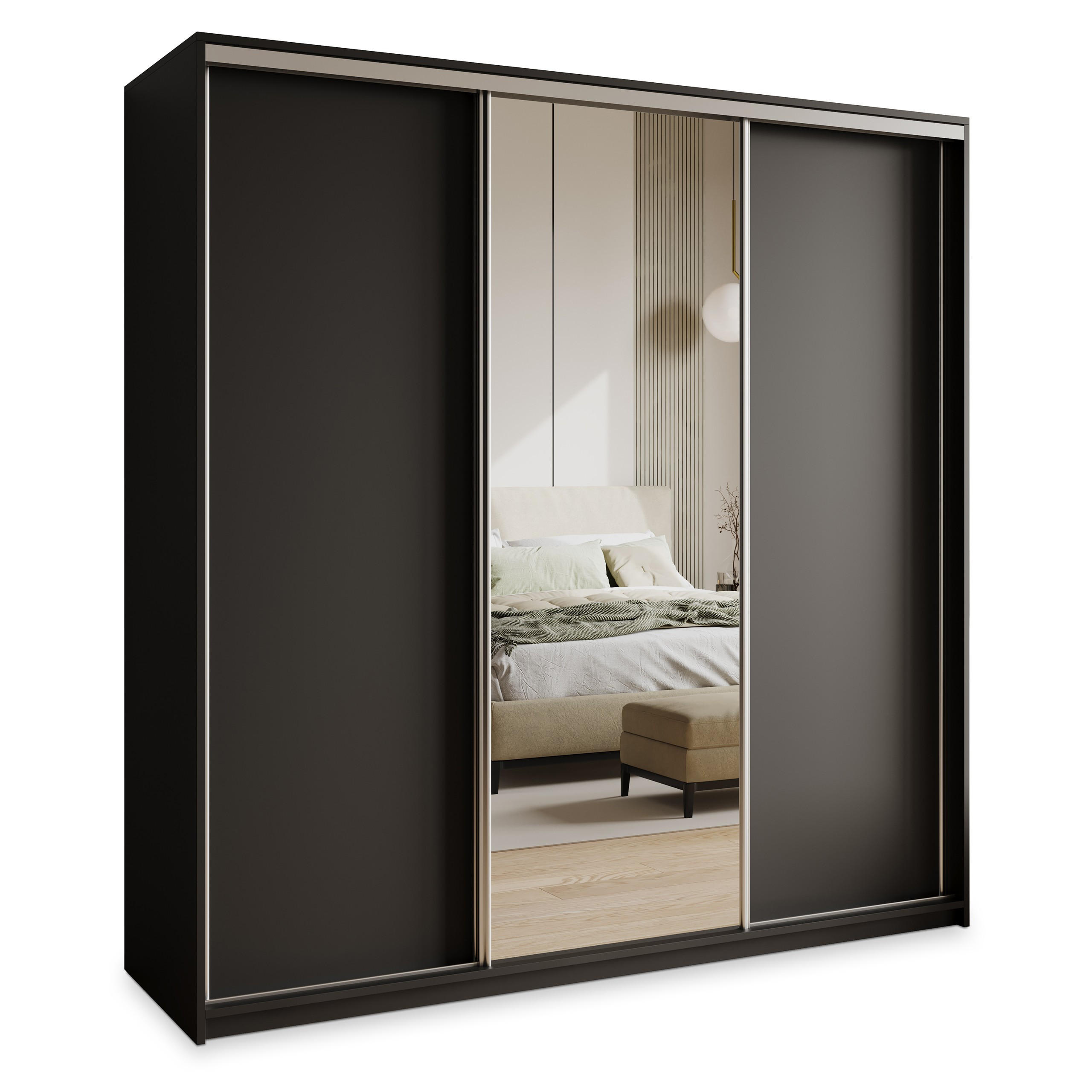 SCHWEBETÜRENSCHRANK TAVI 180/205/60 cm 3-türig mit Spiegel und Schubladen Schwarz - Schwarz/Nickelfarben, Holzwerkstoff (180/205/60cm) - MASSENO