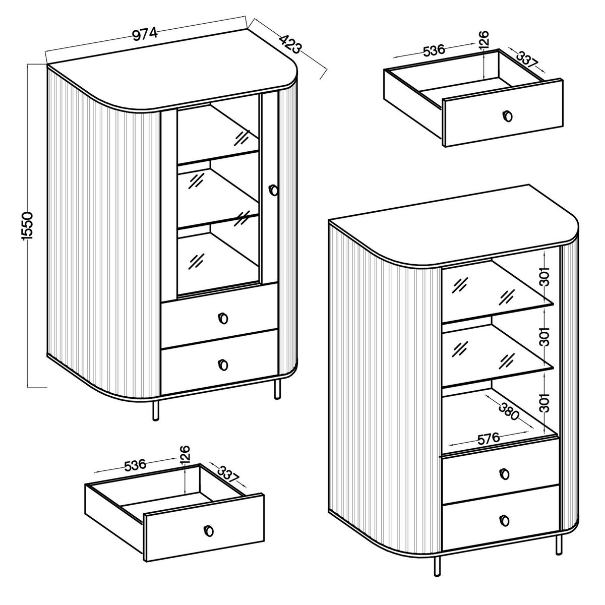 VITRINE Halay Eiche Cremona, 1 Tür & 2 Schubladen Moderne Rillenstruktur, mit runden Kanten - Eichefarben/Schwarz, Holzwerkstoff/Metall (97.4/155/42.3cm) - AX Living