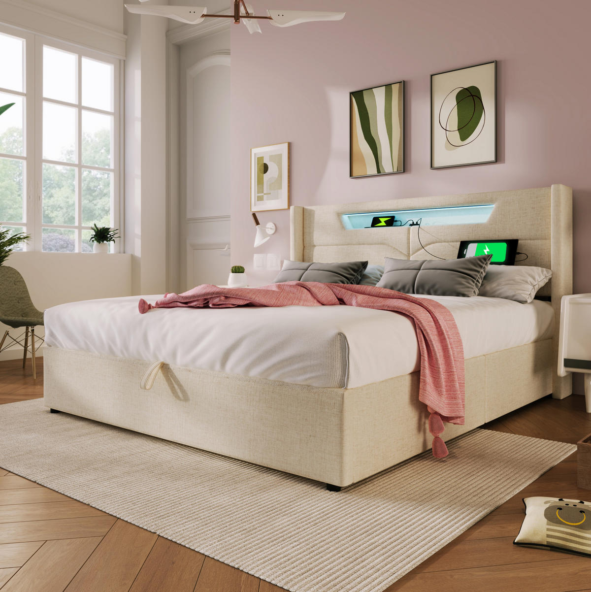 POLSTERBETT mit LED, USB und Stauraum 140x200 cm Beige inkl. Matratze - Beige, Metall (140/200cm) - Meubliv