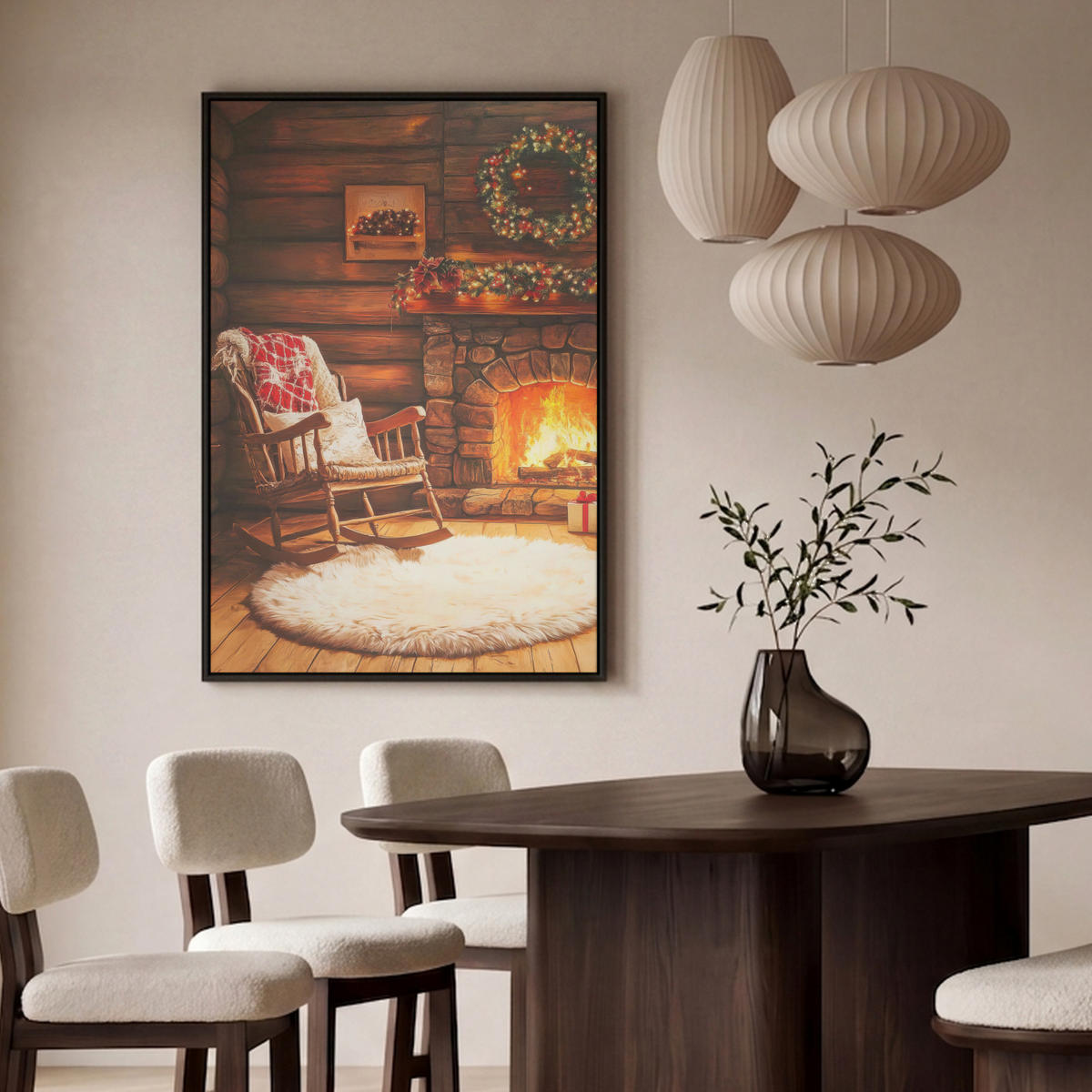 LEINWAND Bilder mit Rahmen - Winter - Weihnachten - Zuhause - Kamin - 80x120 - Bernsteinfarben, Textil (80/120cm) - MuchoWow