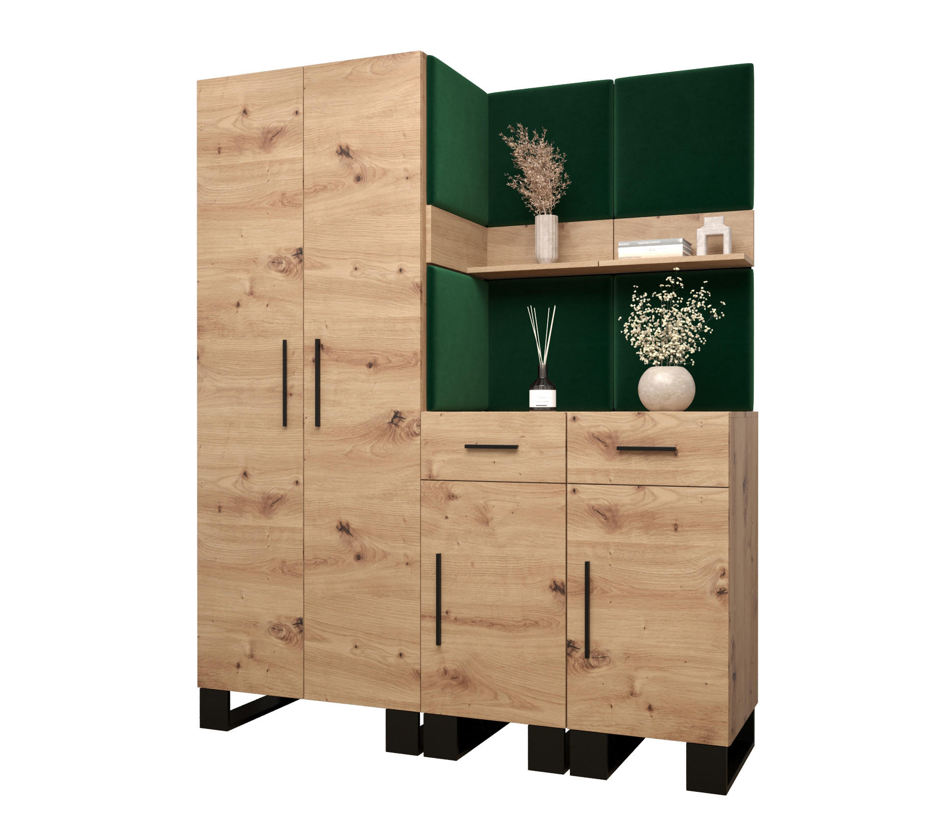 Abiks Möbel Garderoben-Set Eiche Artisan, Waldgrün 158x196x45.6 cm