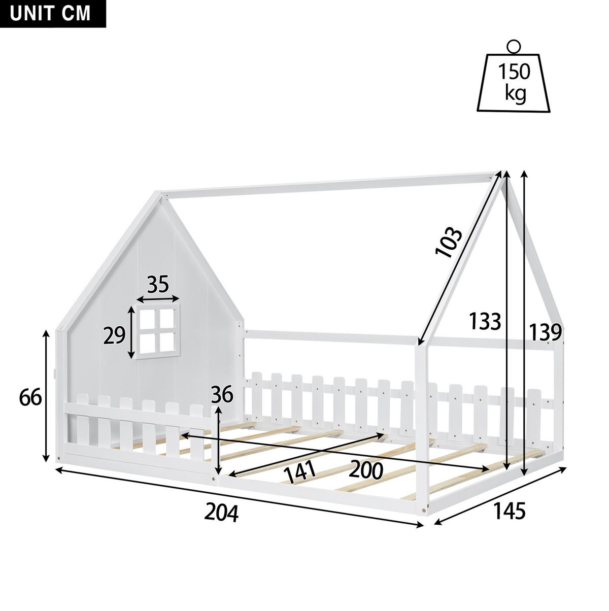 KINDERBETT Hausbett 140/200 cm mit Geländer aus Kiefernholz in Weiß - Weiß, Holz (140/200cm) - BEAOK