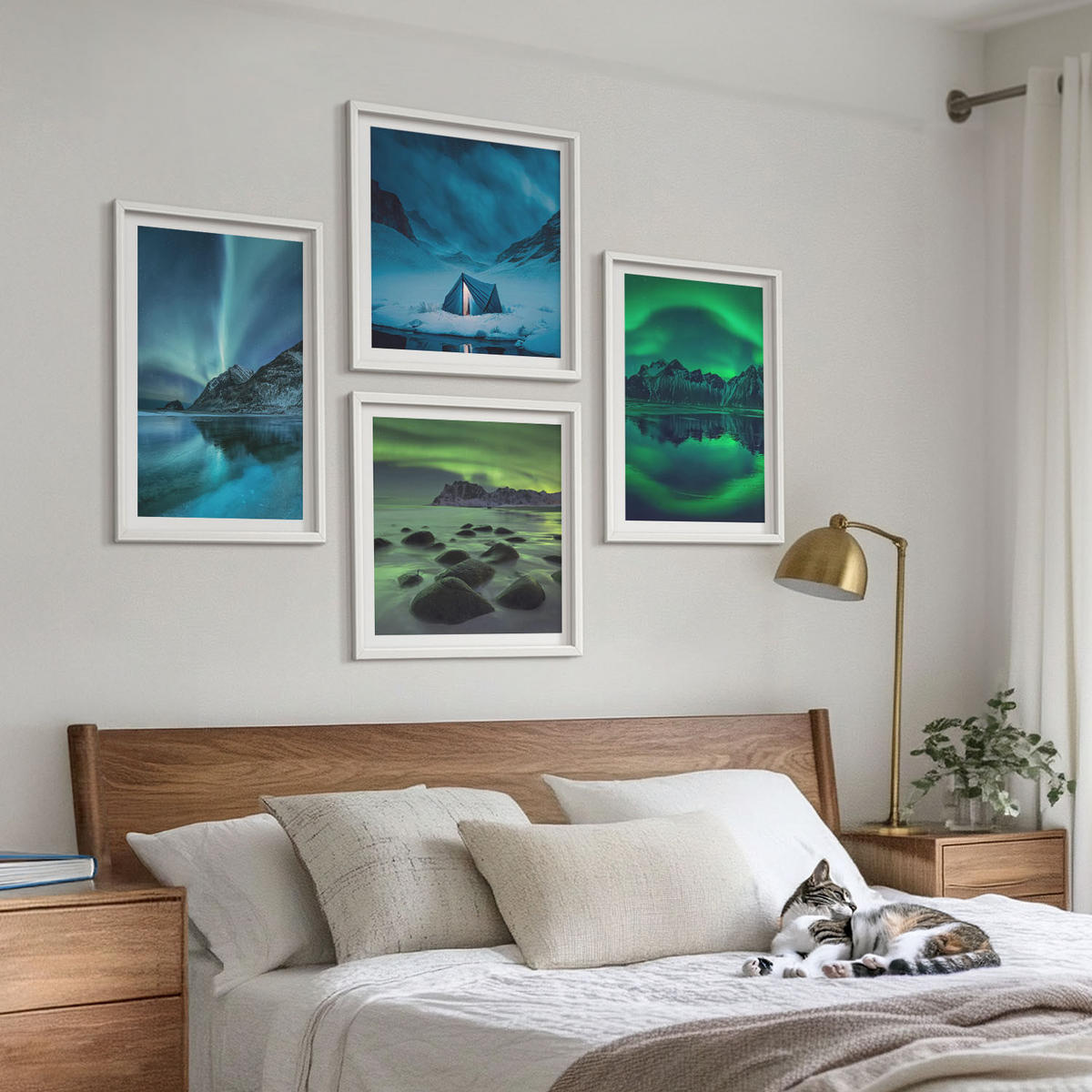 BILDER SET 4er Set - 50x50 cm & 40x60 cm Weißer Rahmen - Winterlandschaft mit Nordlichtern - Weiß, Kunststoff (50/50cm) - TULUP