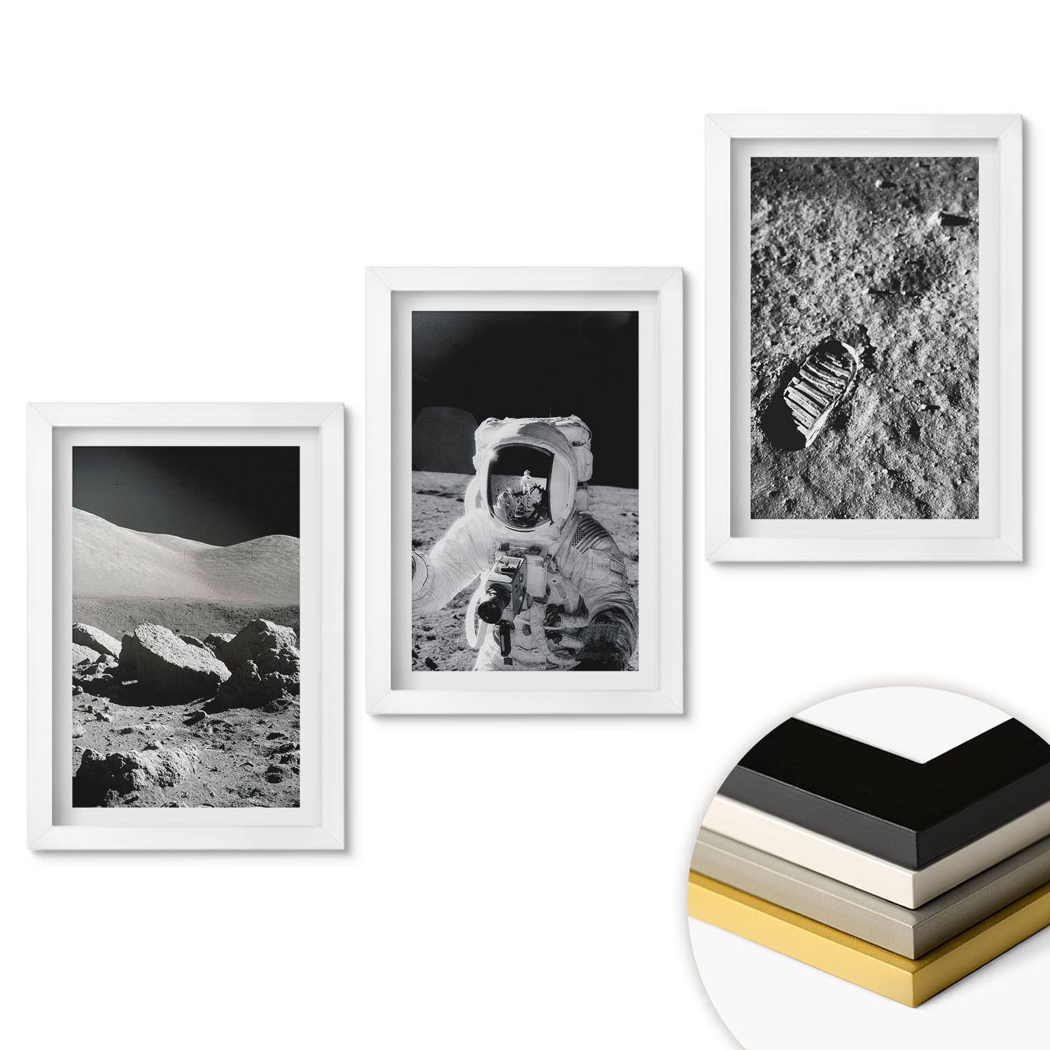 WANDBILDER 3er-Set - 20x30 cm Weißer Rahmen - NASA-Fotos vom Mond Astronaut - Weiß, Kunststoff (20/30cm) - ArtPrintCave