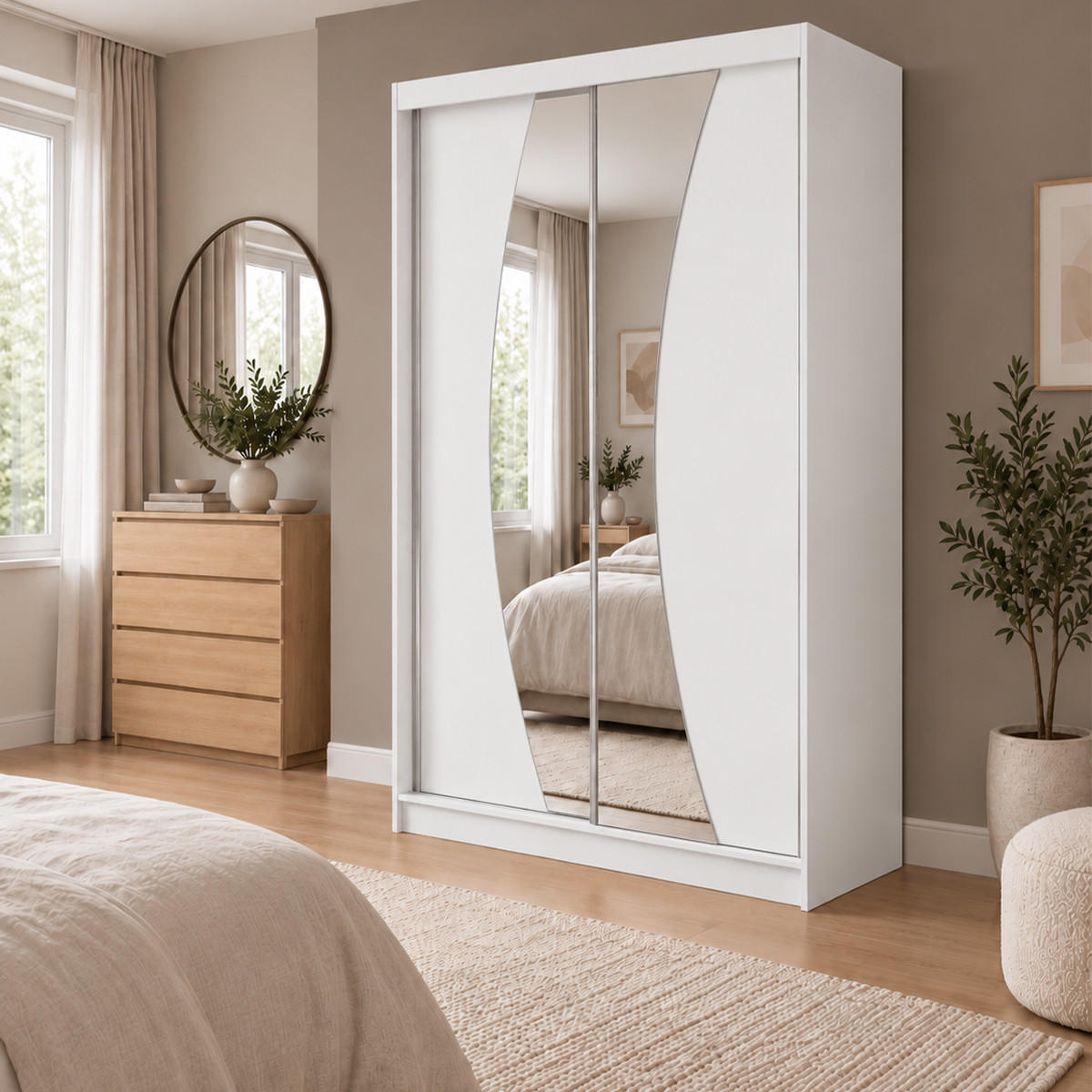 KLEIDERSCHRANK Nox 120 cm Weiß Spiegel 2 Schubladen Griffe silber - Weiß, Holzwerkstoff (120/216/61cm) - KS Home Concept