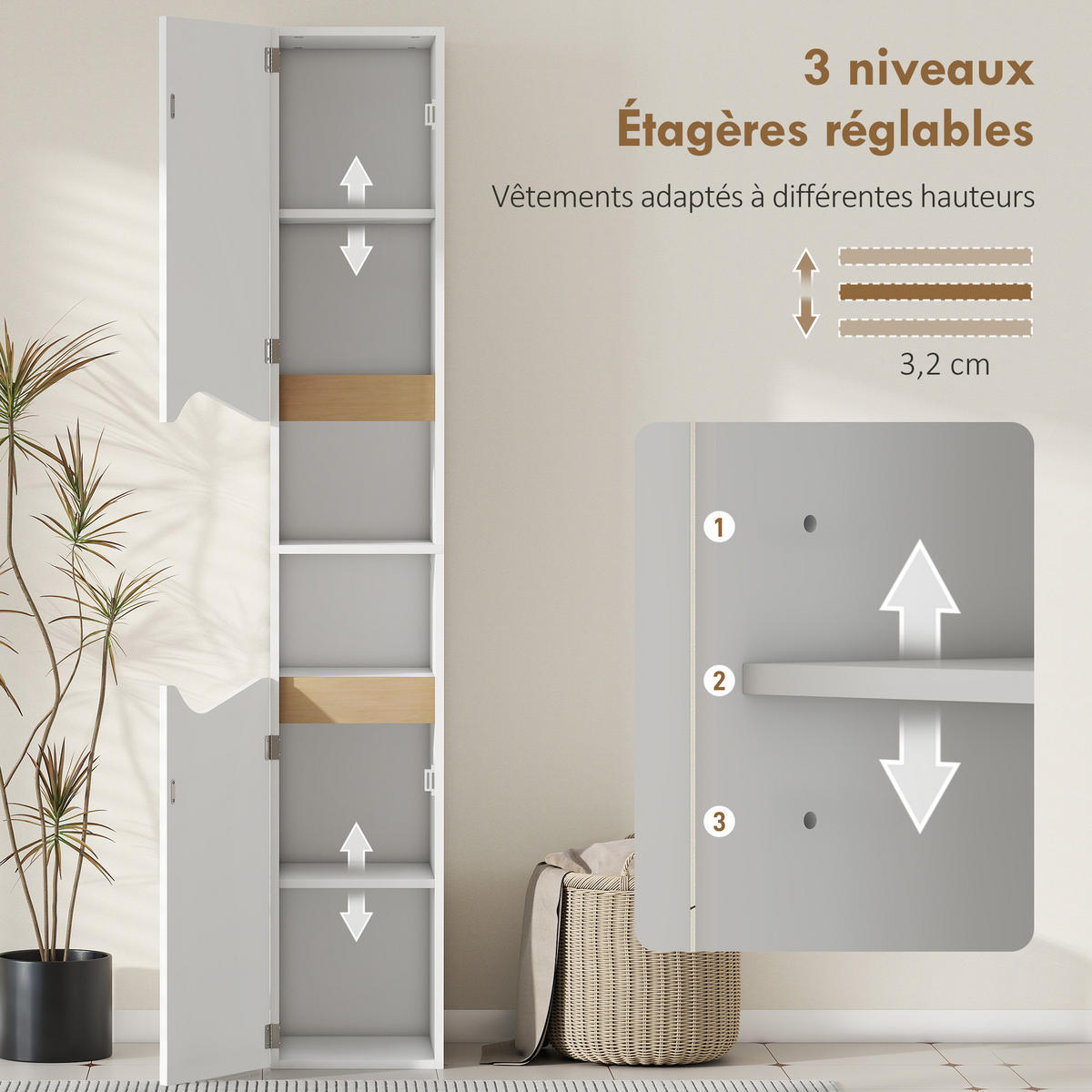 HOCHSCHRANK DE-12507 30/34,6/180,5 cm Weiß / Naturholz - Weiß, Holzwerkstoff (30/180.5/34.6cm) - ComfortXL