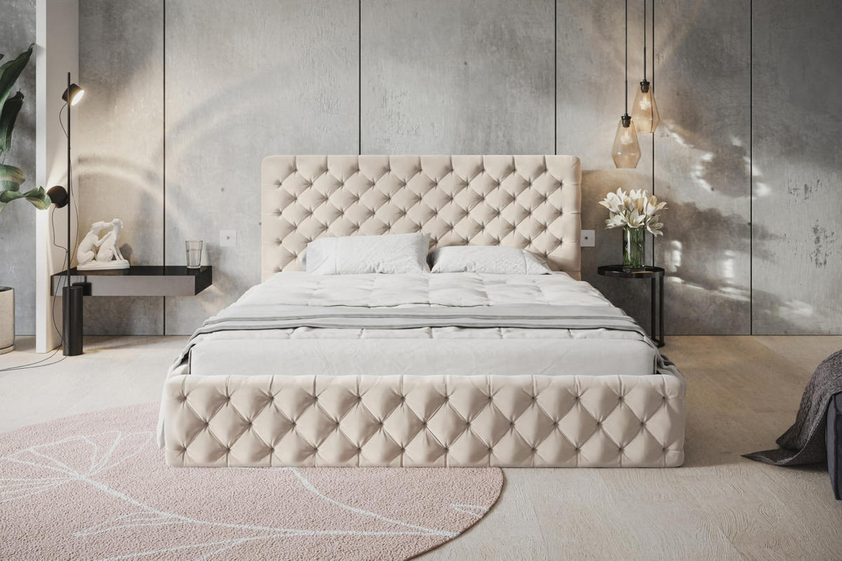 BETT 160x200 - Polsterbett mit Bettkasten und Holzrahmen - Elegant Betten - Weicher Jasminstoff - Kollektion Miami, Beige - AlpiMeble - Beige, Holz/Kunststoff (160/200cm) - Alpi-Möbel