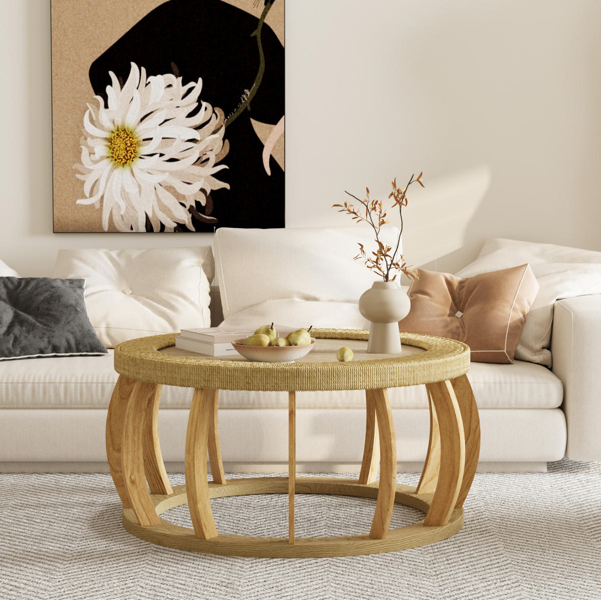 COUCHTISCH 90/90/43 cm mit Rattan-Details, runder Tischplatte und Massivholzbeinen, Natur - Naturfarben, Holzwerkstoff (90/90/43cm) - Redom