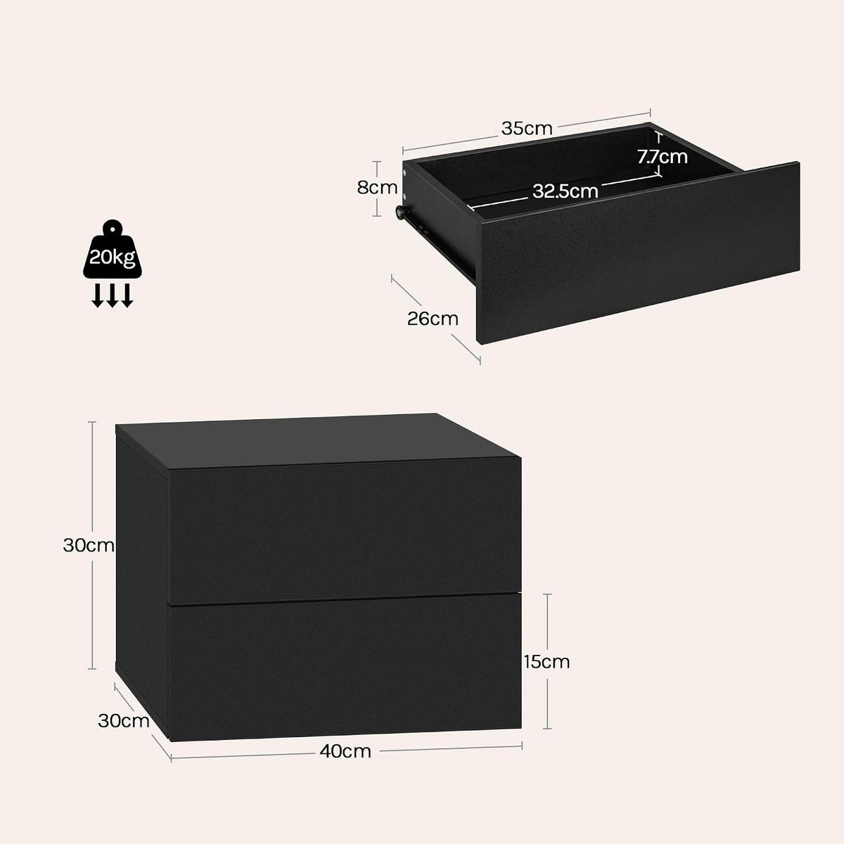 NACHTTISCH 2er Set hängend, mit 2 Schubladen, 40x30x30 cm, Schwarz - Schwarz, Holzwerkstoff (40/30/30cm) - Woltu