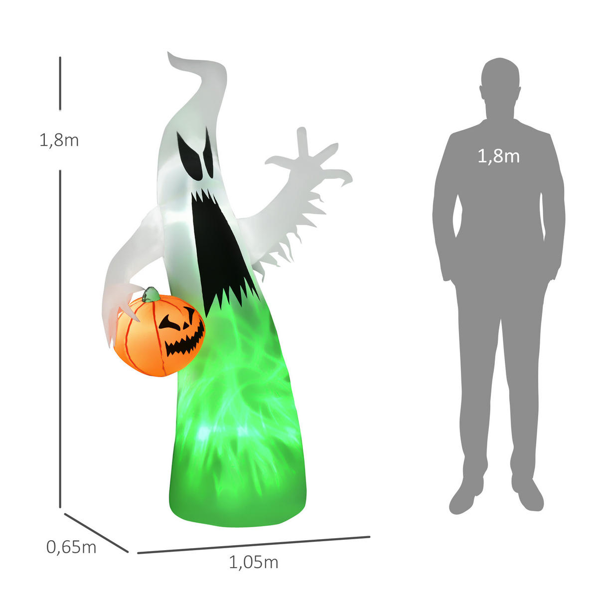 HALLOWEEN AUFBLASBARER GEIST , Weiß, Polyester - Weiß, Kunststoff (65/180/105cm) - HOMCOM