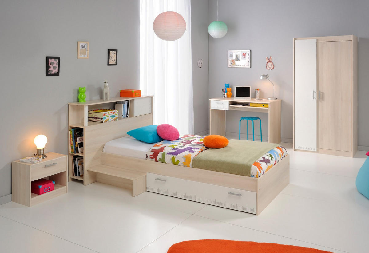 JUGENDZIMMER Set 6-tlg Kleiderschrank Schreibtisch Bett 90x200 - Silberfarben/Weiß, Holz/Holzwerkstoff (90/179/200cm) - Parisot Meuble