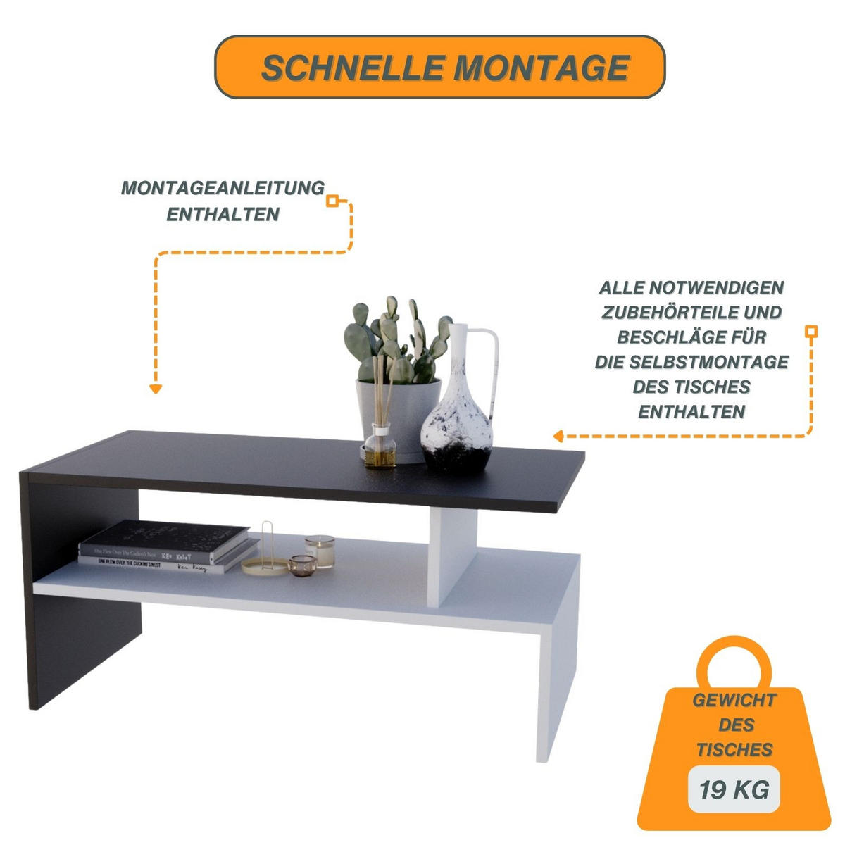 COUCHTISCH Holzwerkstoff rechteckig stabil Schwarz-Weiß 50/45/93cm - Schwarz/Weiß, Holzwerkstoff (50/93/45cm) - CraftPAK