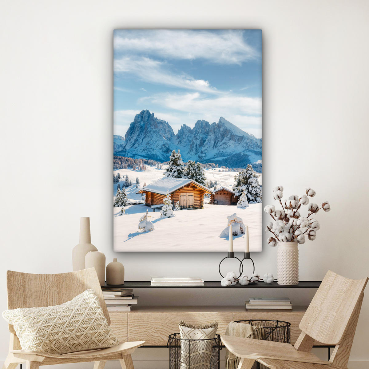 LEINWANDBILD Winter - Hütte - Berge - Aussicht - Schnee Deko XXL 80x120 cm - Eichefarben, Textil (80/120cm) - MuchoWow
