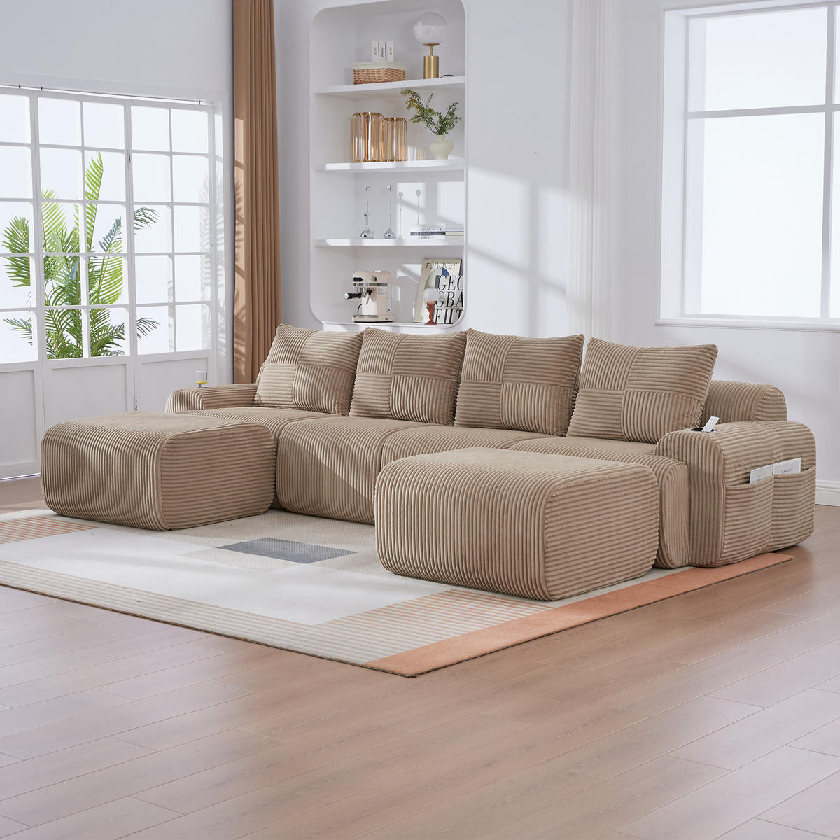 4-SITZER Wohnlandschaft Cord mit Getränkehalter und Seitentasche 333/174/80 cm Sandfarben - Sandfarben, Textil (174/80/333cm) - Redom