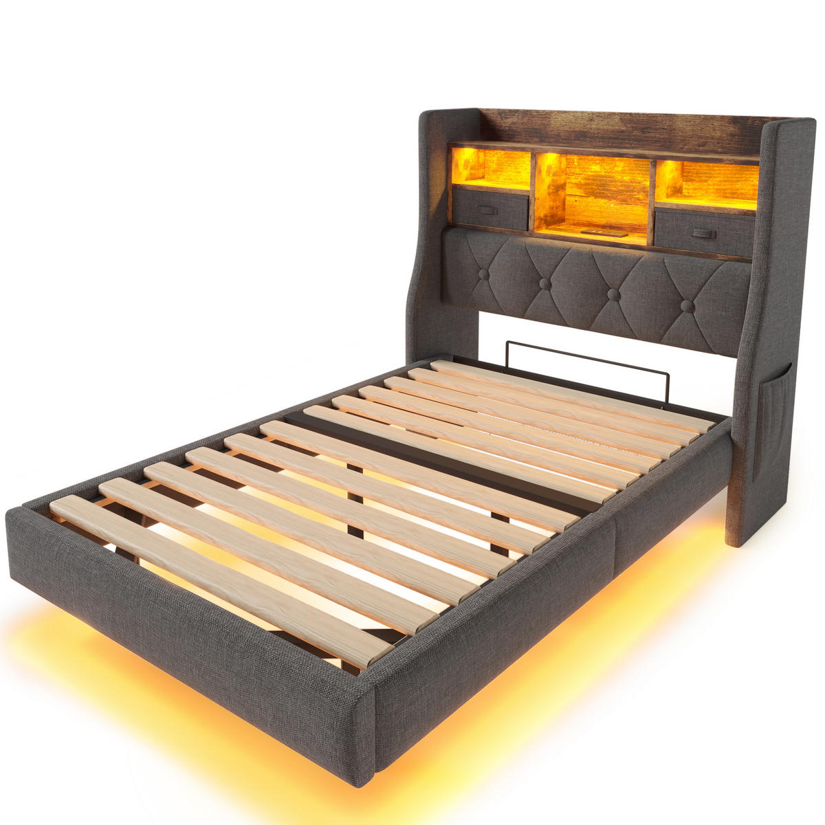 POLSTERBETT aus Leinen 90x200 cm in Grau mit LED & Matratze - Grau, Textil (90/200cm) - Modfu