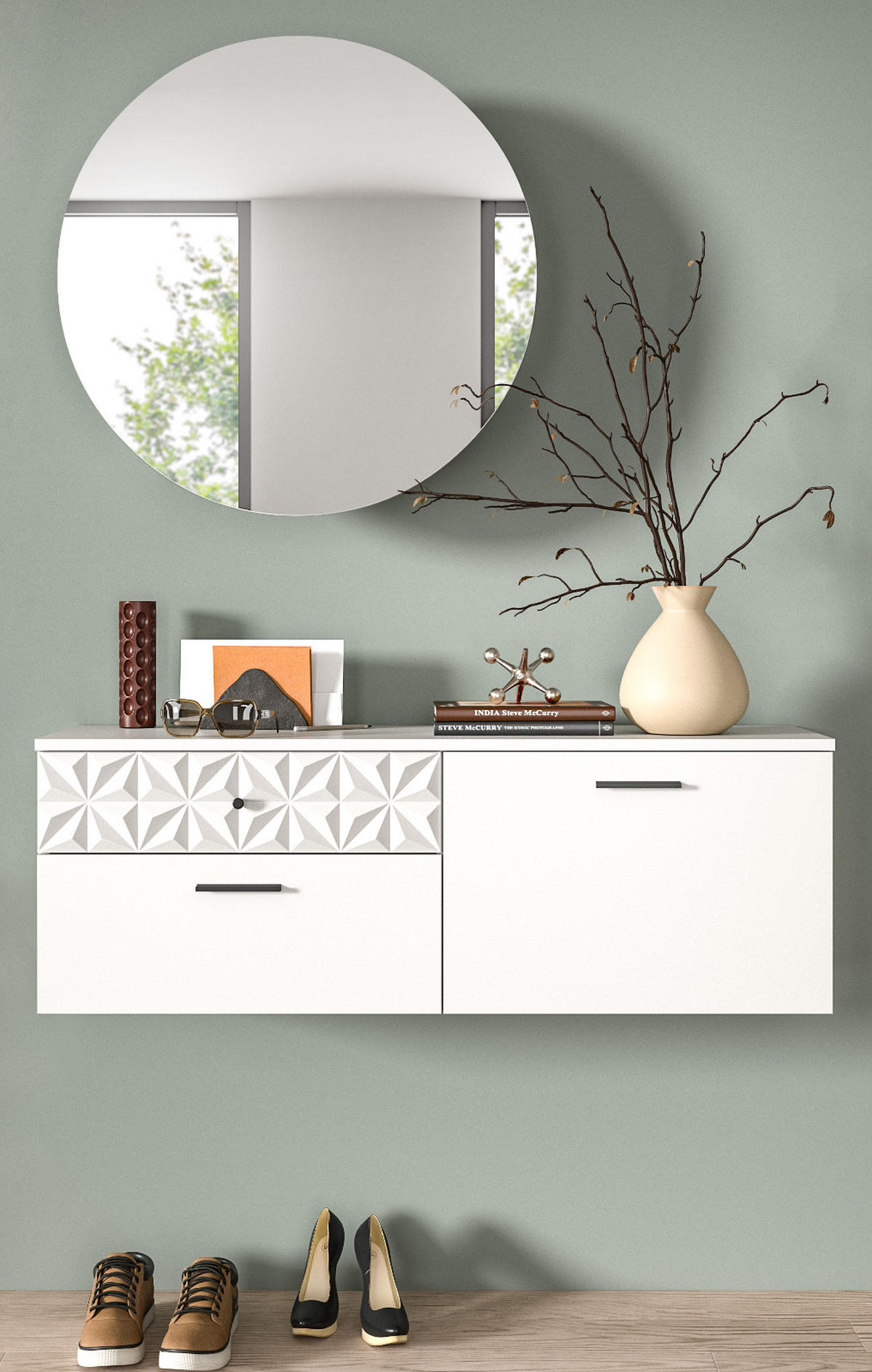 GARDEROBE Set weiß Hochglanz 110 cm, Kombination mit 3D-Struktur - Weiß Hochglanz/Schwarz, Glas/Holzwerkstoff (110/192/34cm) - Inn.Furn