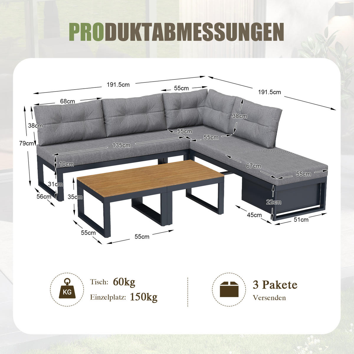 GARTENLOUNGE 191,5/191,5/79 cm mit 3-fach verstellbarer Rückenlehne, Liegefunktion und Stauraum, Polyester, Grau - Grau, Textil - Redom
